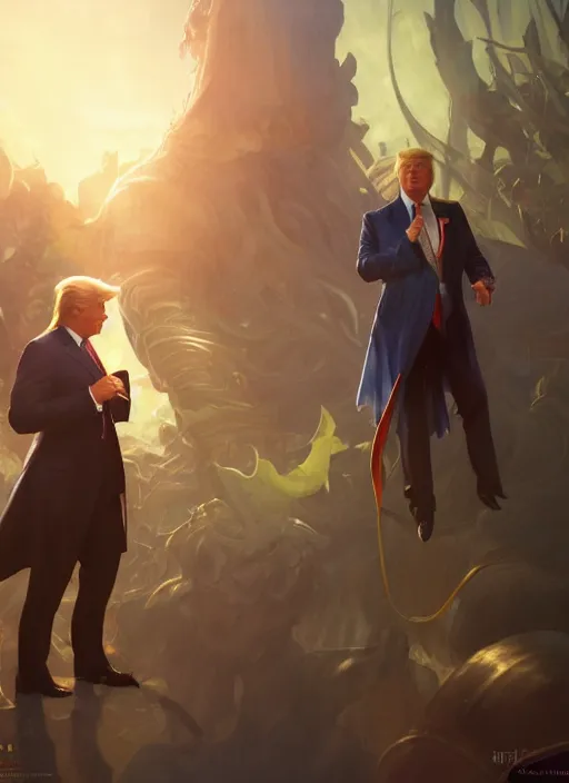 Image similar to a Photorealistic dramatic hyperrealistic, Donald Trump and Nigel Farage in FF14 by WLOP, Artgerm, Greg Rutkowski, Alphonse Mucha, Beautiful dynamic, shadows, Artstation, concept design art,Octane render,8K