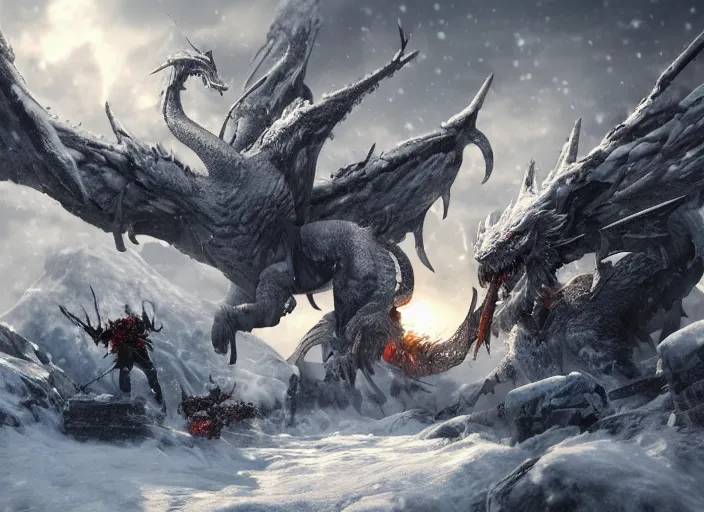 Prompt: a group of heros in a snowy landscape next to a huge terrifying white dragon, intricate detail, indie game concept art, 8 k render, chaotic and brutal, trending on artstation