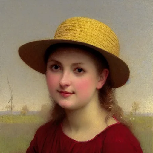 Image similar to 10 yo blond girl with straw hat and yellow shirt, bouguereau