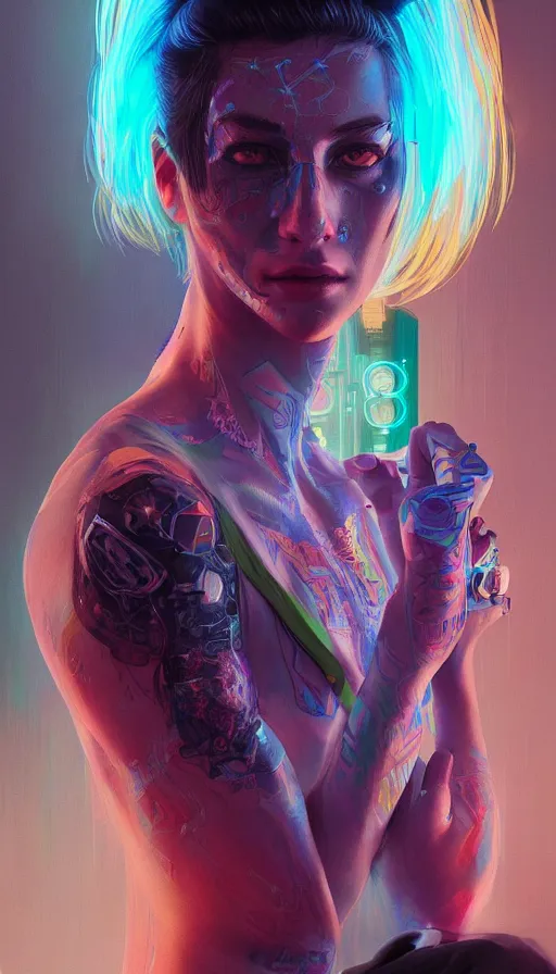 Image similar to a stunning highly detailed digital portrait of a cyberpunk woman in strong lighting, tattoos and electronics, neon reflections, pastel colors, by mandy jurgens, highly detailed, oil on canvas