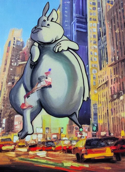 Image similar to an oil painting of big chungus in the middle of new york; an extraordinary masterpiece!!!