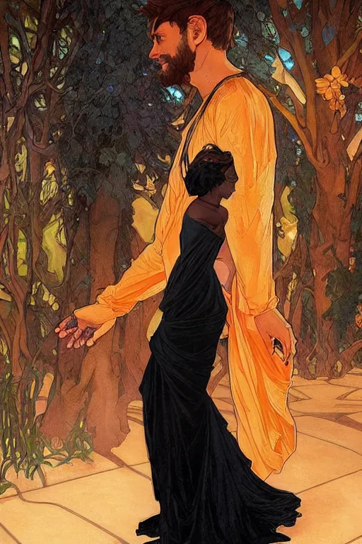 Image similar to bearded young man in orange t - shirt fastens beautiful black dress of his spouse before going to exquisite gala art by artgerm and greg rutkowski and charlie bowater and magali villeneuve and alphonse mucha