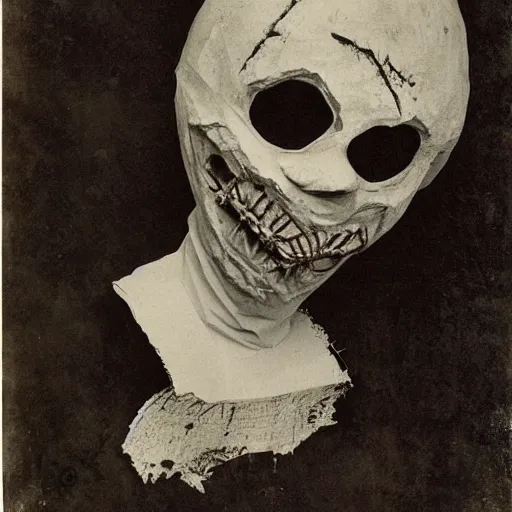 Image similar to paper mache mask, 1 8 0 0's, halloween paper mache mask, photo, surrealistic, creepy, dark, epic, cinematic, style of atget, detailed