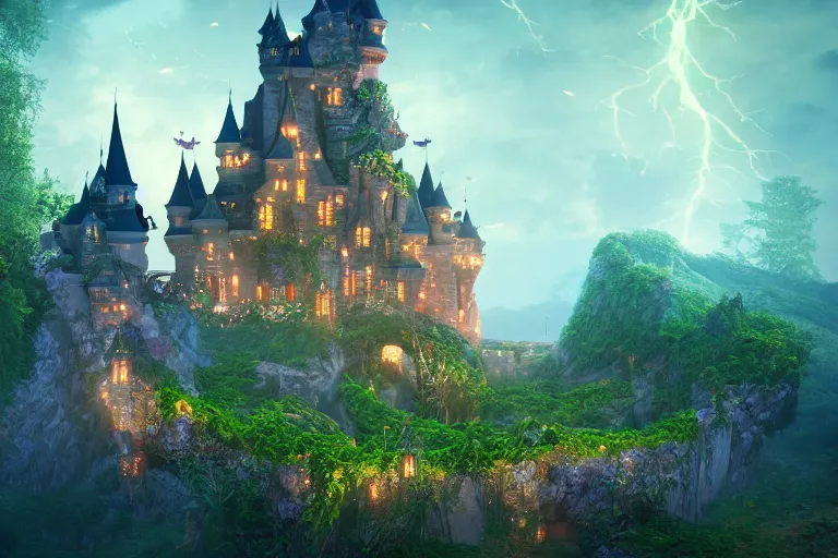 Image similar to elegant castle of dreamland, fairy architecture, spires, vines, cinematic lighting, octane render, high definition, trending on artstation, digital art, love