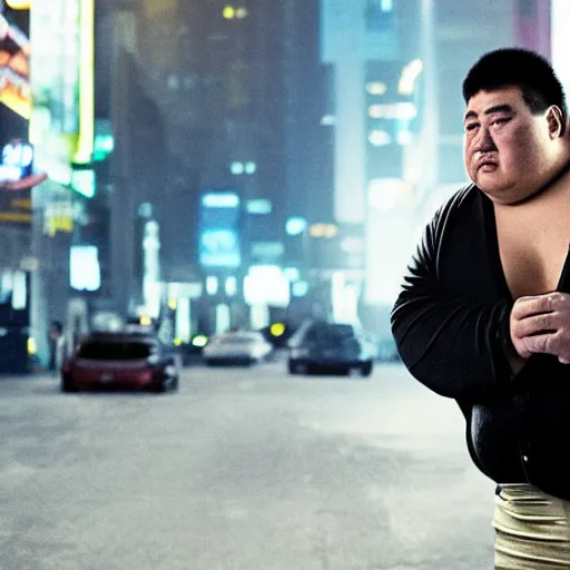 Prompt: very fat very obese half-chinese half-caucasian crime boss, scifi cyberpunk, movie still