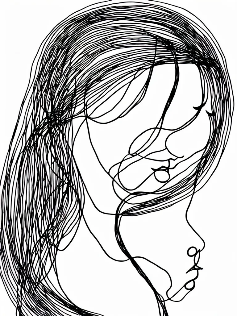 Prompt: elegant minimalist metal wire art of symmetrical and emotional dramatic female facial features and silhouette, influenced by one line drawings, curves, twirls and spirals