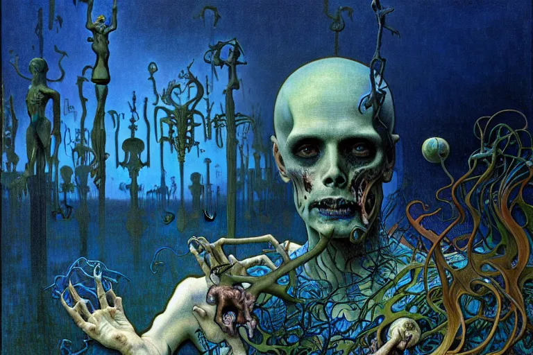 Image similar to realistic detailed portrait painting of a beautiful male zombie, nightly graveyard landscape background by Jean Delville, Amano, Yves Tanguy, Alphonse Mucha, Ernst Haeckel, Edward Robert Hughes, Roger Dean, masterpiece, cinematic composition, dramatic pose, 4k details, rich moody colours, blue eyes