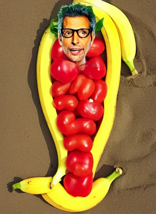 Image similar to jeff goldblum as a banana tomato on the sand of a beach