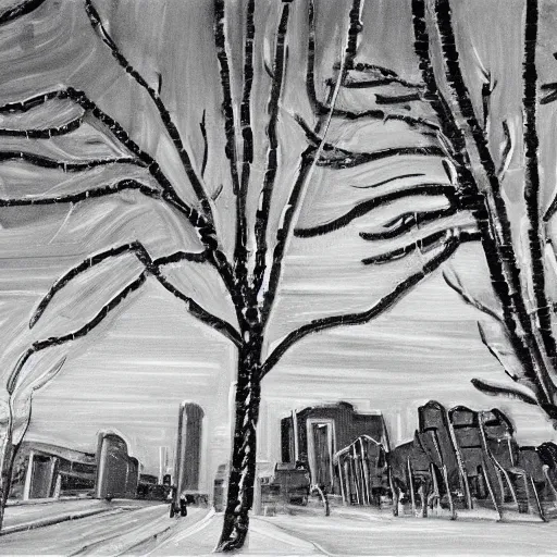 Image similar to yeg Edmonton Edmontonian, YEG, black and white, winter, in the style of Emily Carr,