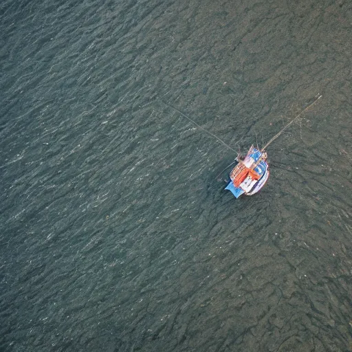 Prompt: very very realistic aerial drone shot of British fishing trawler