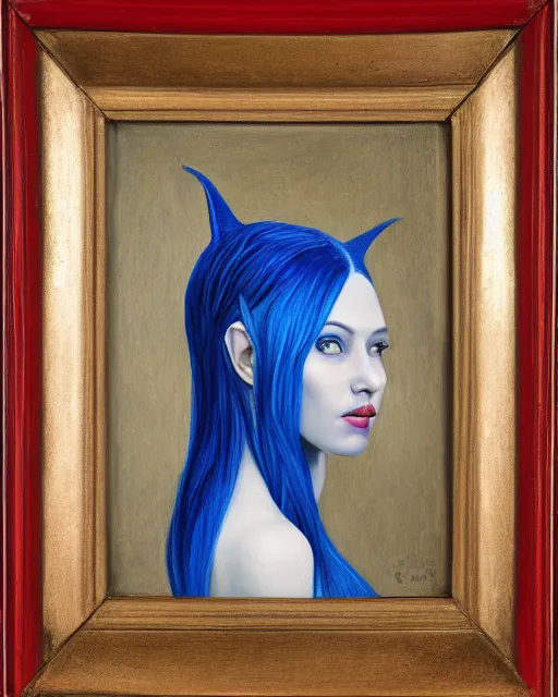 Prompt: A detailed matte oil on canvas head on symmetrical portrait of a distinguished elven woman with split red and blue hair