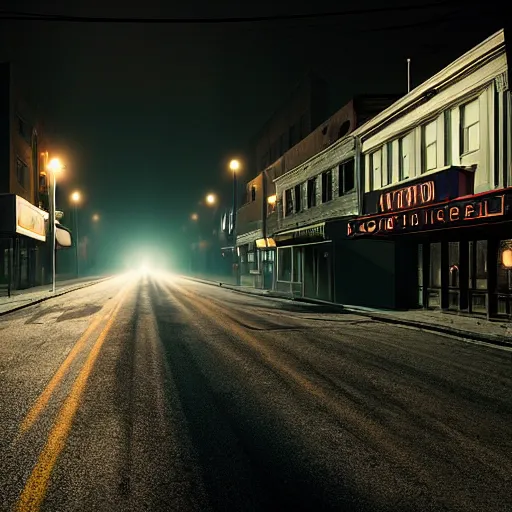 Image similar to A stunningly beautiful award-winning 8K high angle cinematic movie photograph of a dark foggy main intersection in an abandoned 1950s small town at night, by Edward Hopper and David Fincher and Darius Khonji, cinematic lighting, perfect composition, moody low key volumetric light. Color palette from Seven, greens yellows and reds. 2 point perspective, from 15 feet off the ground