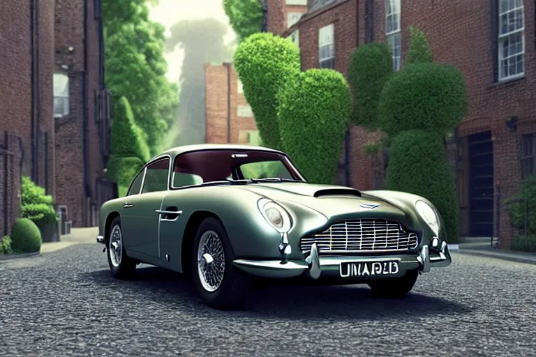 Prompt: a wholesome animation key shot of one short - wheelbase aston martin db 5, in a rich london mews residential street, miniature, waist height, medium range, studio ghibli, ( pixar ) and disney animation, sharp, very detailed, unreal engine 5 render, bloom, high resolution, anime key art by greg rutkowski