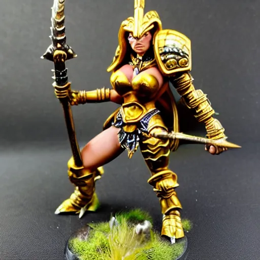 Image similar to photo of a female sauruswarrior from warhammer, golden armor, golden spear, warhammer model, figurine, highly detailed, sharp focus