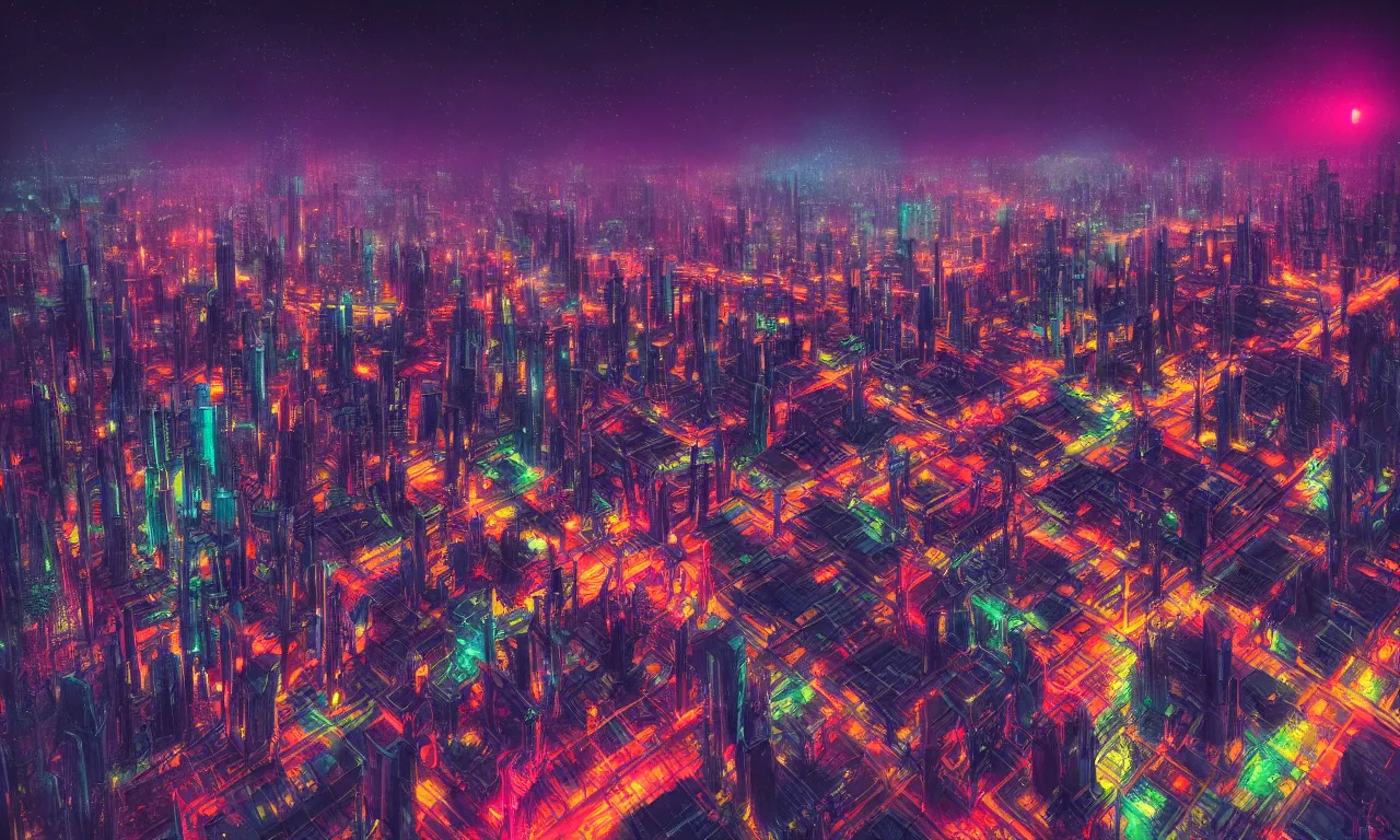 Image similar to bird eye view colorful photograph of a futuristic city, science fiction, night lights, beautifully lit buildings, drone view, mystic hues, distant, sharp focus, volumetric lights, digital art, RTX, hyperrealistic, cinematic, acid pixie, by lee madgwick