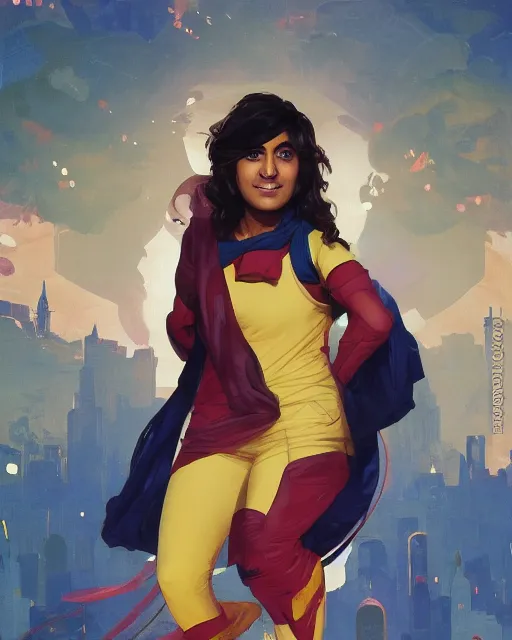 Image similar to A Full View of Kamala Khan played by Iman Vellani, filled with wonder. MCU. John Hughes film. masterpiece 4k digital illustration by Ruan Jia and Mandy Jurgens and Artgerm and greg rutkowski and Alexander Tsaruk and WLOP and william-adolphe bouguereau, award winning, Artstation, art nouveau aesthetic, Alphonse Mucha background, intricate details, realistic, panoramic view, Hyperdetailed, 8k resolution, intricate art nouveau