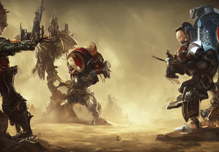 Image similar to Jeff Bezos, Elon Musk and sigmar locked in a mexican standoff, warhammer, Wlop, Artstation trending, 4k