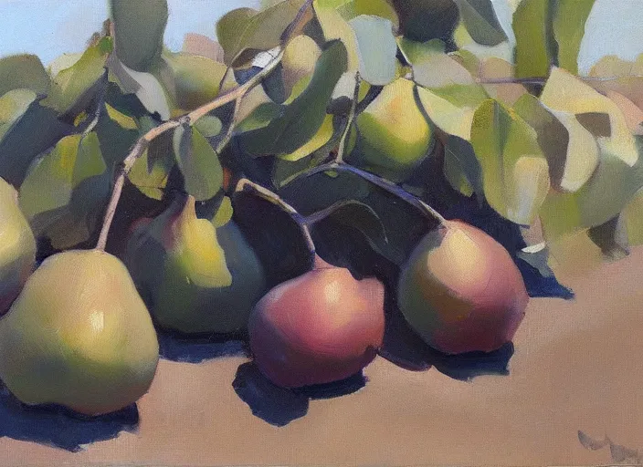 Prompt: oil painting of translucent pears on tree by greg manchess