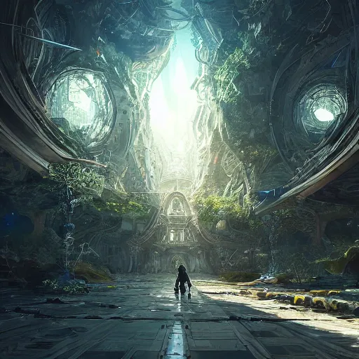 Image similar to space utopia where the path ways are filled with fauna, intricate building design, dynamic lighting, photorealistic fantasy concept art, trending on art station, stunning visuals, creative, cinematic, ultra detailed, ray tracing, sun rays