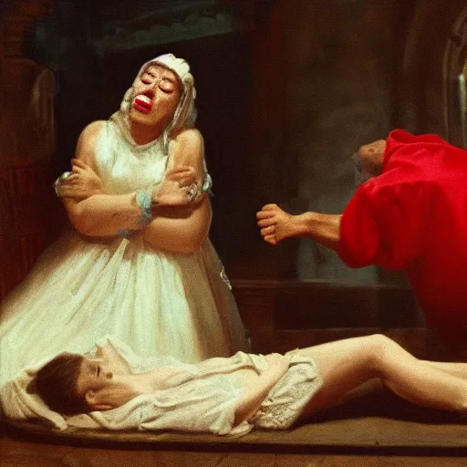 Image similar to woman crying next to his knight husband's body, cinematic, dramatic scene