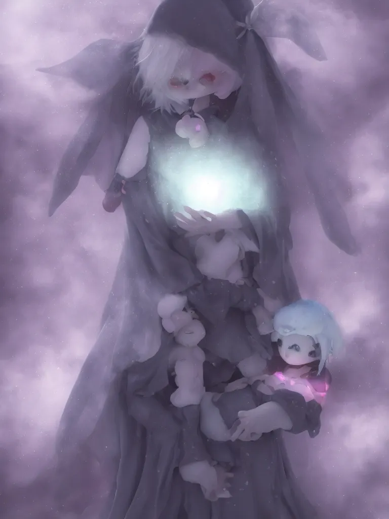 Image similar to cute fumo plush of a cursed frail witch bunny girl held tight in the arms of a translucent ghost mother, hugging and cradling, anime, eerie pretty melting volumetric smoke and fog, dark environment map pbr reflective stormy water, gothic maiden, bokeh, vignette, vray