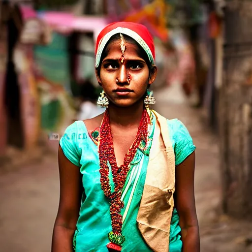 Prompt: color Mid-shot portrait of a beautiful 20-year-old woman from India in her traditional get-up, candid street portrait in the style of Mario Testino award winning, Sony in the style of waya steurbaut