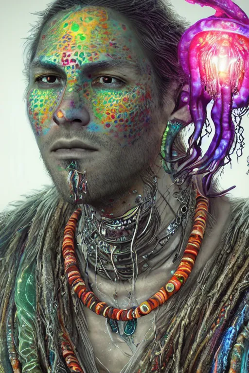 Image similar to close-up macro portrait of the face of a psychedelic shaman with trinket necklace, epic angle and pose, symmetrical artwork, 3d with depth of field, blurred background, cybernetic jellyfish male face skull ayahuasca, translucent, fungus, energy flows of water and fire. a highly detailed epic cinematic concept art CG render. made in Maya, Blender and Photoshop, octane render, excellent composition, cinematic dystopian brutalist atmosphere, dynamic dramatic cinematic lighting, aesthetic, very inspirational, arthouse, Greg Rutkowski, Ilya Kuvshinov, WLOP, Stanley Artgerm Lau, Ruan Jia and Fenghua Zhong