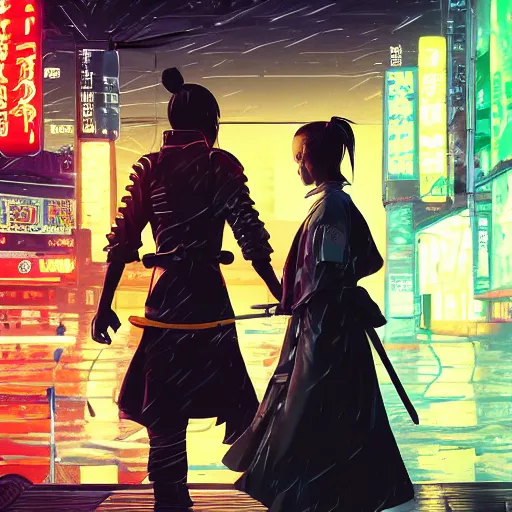 Prompt: illustration of a samurai with his daughter, rainy night, neon glow concept art, sharp focus, city background, intricate, digital painting cyberpunk 2077, scifi, octane render, art by Artgerm, Makoto Shinkai, Ilya Kuvshinov, Lois Van Baarle and Rossdraws wallpaper, highly detailed, anime key visual, cold colors, epic landscape, HD digital art, artstation