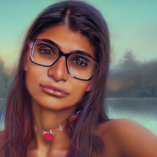 Prompt: a closeup portrait of a mia khalifa, dramatic light, lake background, sunset, dark, painted by stanley lau, painted by greg rutkowski, painted by stanley artgerm, digital art, trending on artstation