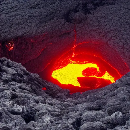 Image similar to head of necoark emerges from a lava lake, cave background, high detail, lava reflections, cave reflecting in the lava lake, dramatic shot