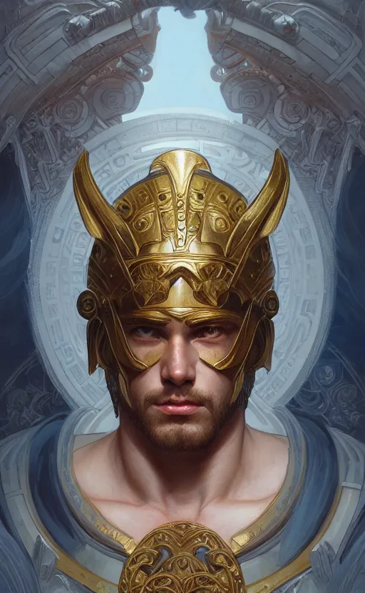 Prompt: portrait of the god ares, greek mythology, intricate, headshot, highly detailed, digital painting, artstation, concept art, sharp focus, cinematic lighting, illustration, art by artgerm and greg rutkowski, alphonse mucha, cgsociety