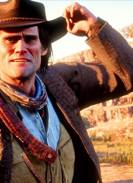 Image similar to film still of jim carrey in red dead redemption 2 ( 2 0 1 8 video game )