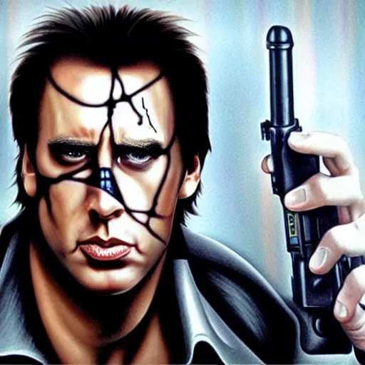 Image similar to nickolas cage as the terminator, ultra realistic, highly detailed