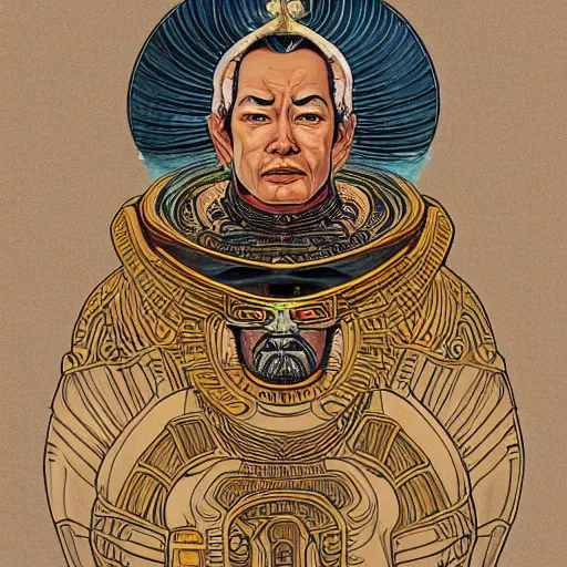 Prompt: incredibly detailed portrait of the almighty god - emperor from the dune universe, full body, science fiction, greatly inspired by far - eastern style of art