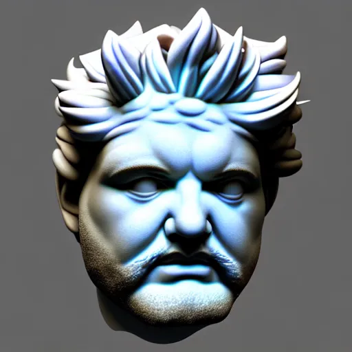 Image similar to sci - fi cgartist wide shot anaglyph ambient occlusion rendering of a hyper realistic marble greek statuary regal god head resembling guy fieri glowing with embedded vaporwave leds product photo high key colored lighting, trending on artstation volumetric lighting