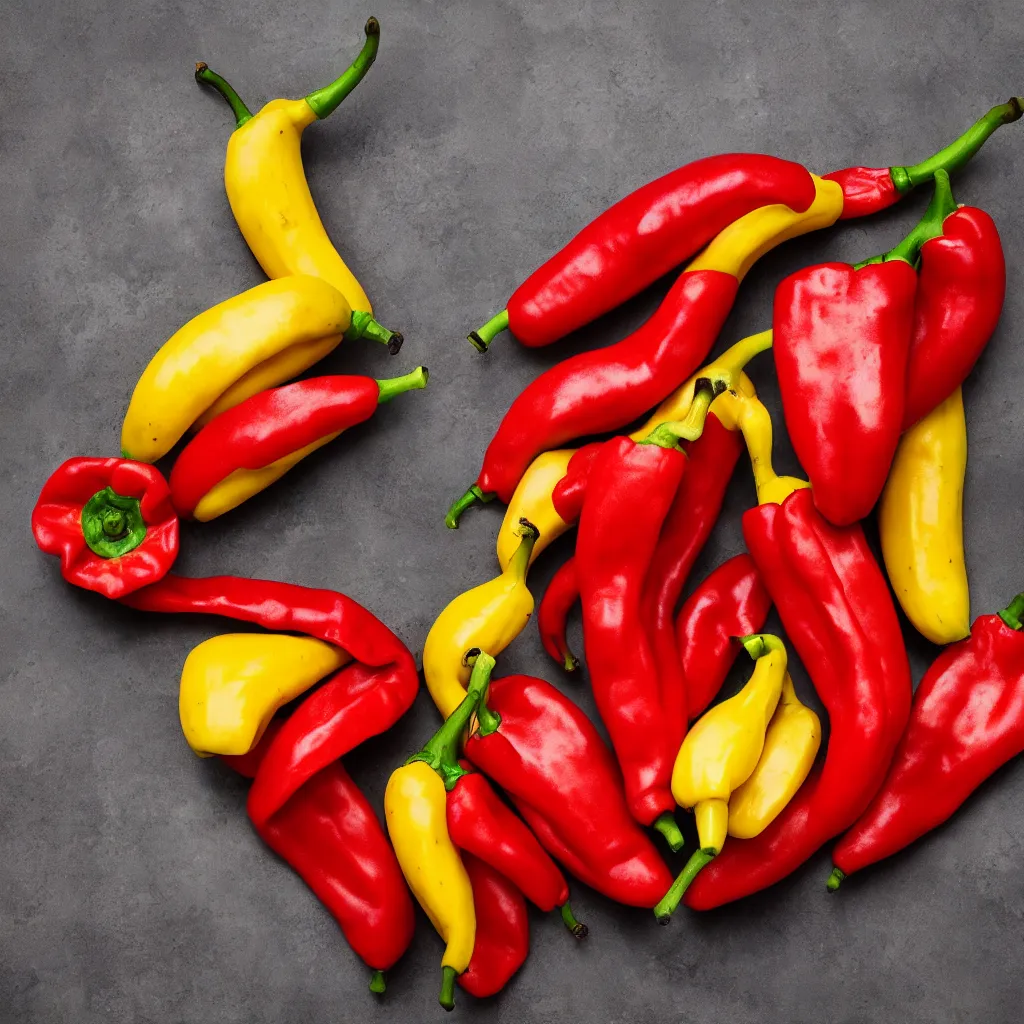 Image similar to fat bananas in the shape of red peppers and open oranges, closeup, hyper real, food photography, high quality