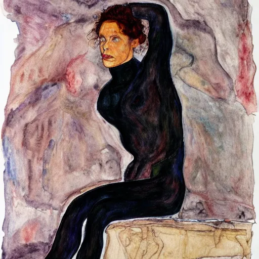 Image similar to wide angle full body portrait of ripley slipping out of her jumpsuit, watercolor, masterpiece, by Egon Schiele