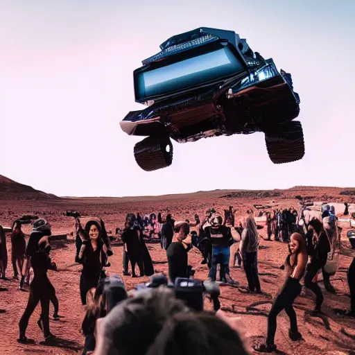 Image similar to 4 k hdr wide angle sony a 7 photo of a stainless steel shiny cybertruck surrounded by a mob of beautiful instagram model women protestors on mars during a blue martian sunset