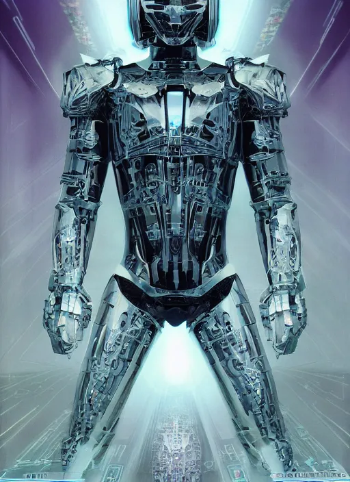 Image similar to cyberknight - complex and hyperdetailed technical suit design. reflection and dispersion materials. rays and dispersion of light. volumetric light. f / 3 2. noise film photo. flash photography. ultra realistic, 5 0 mm. poster by wayne barlowe, hajime sorayama aaron horkey, craig mullins