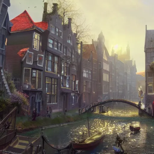 Image similar to a lively magical town inspired by victorian england and amsterdam, sunny weather, highly detailed, intricate, digital painting, trending on artstation, concept art, matte painting, art by greg rutkwowski, craig mullins, octane render, 8 k, unreal engine