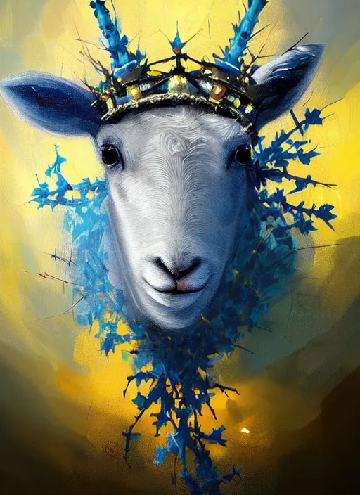 Image similar to a painting of a lamb's face with blue and yellow smoke coming out of, wearing a crown of thorns, a digital painting by petros afshar, behance contest winner, digital art, behance hd, digital illustration, digital painting