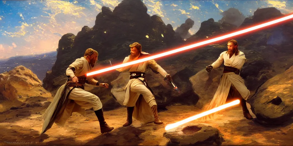 Obi Wan Kenobi fighting Anakin Skywalker, lava in the | Stable ...