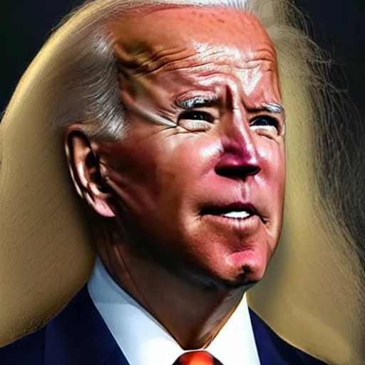 Prompt: Joe Biden with blonde hair blown around on a windy day and bad deep orange makeup