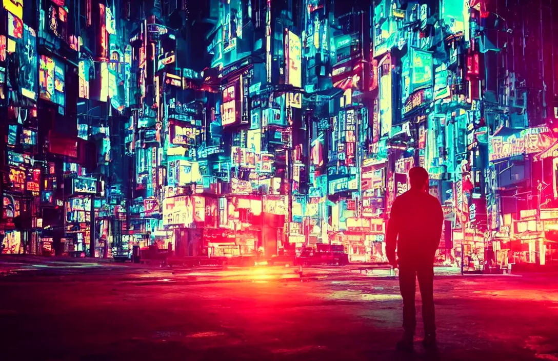 Prompt: man standing in front of a cyberpunk city, neon lights, bokeh, award wining photograph, movie still,