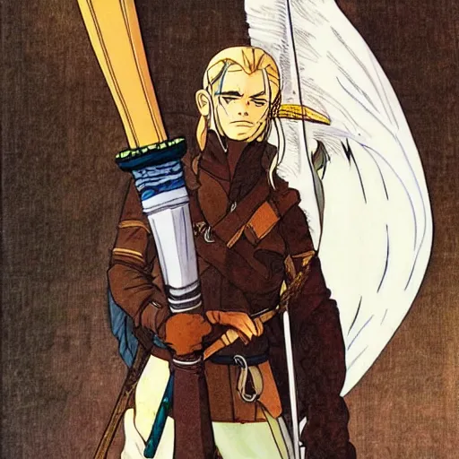 Image similar to Portait of Legolas in an 80s anime version of Lord of the Rings, holding a longbow, very detailed, ultra realistic, handpainted, Satoshi Kon, Hiyao Miyazaki, Katsuhiro Otomo