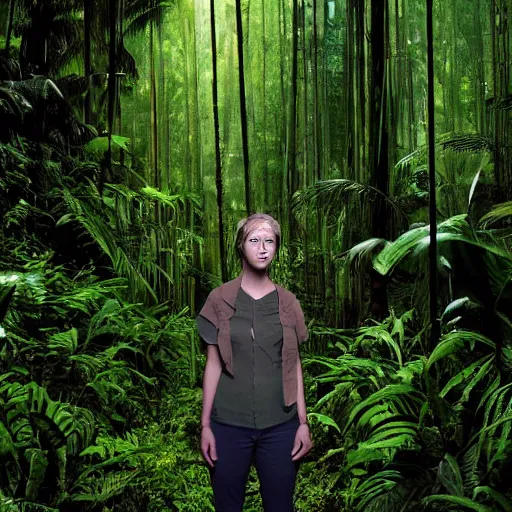 Image similar to a human researcher standing in the rainforest, post - apocalypse, cinematic