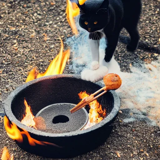 Prompt: a cat cooking a donut in a fire pit