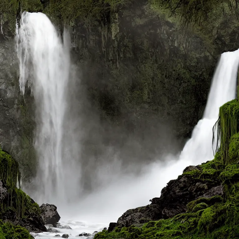 Prompt: dark and moody 1 9 8 0's artistic color spaghetti western film, a woman in a giant billowing wide long flowing waving shining bright white dress made out of waterfalls, standing inside a green mossy irish rocky scenic landscape, huge waterfall, volumetric lighting, backlit, atmospheric, fog, extremely windy, soft focus