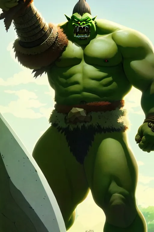 Image similar to orc barbarian male, green skin, exquisite details, big axe, earth magic, mid view, design on a white background, by studio muti, greg rutkowski makoto shinkai takashi takeuchi studio ghibli