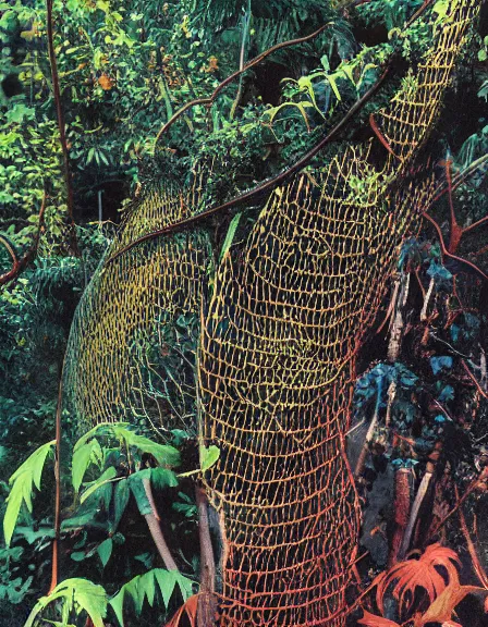 Image similar to vintage color photo of a 1 1 0 million years old abstract liquid gold sculpture covered by the jungle vines